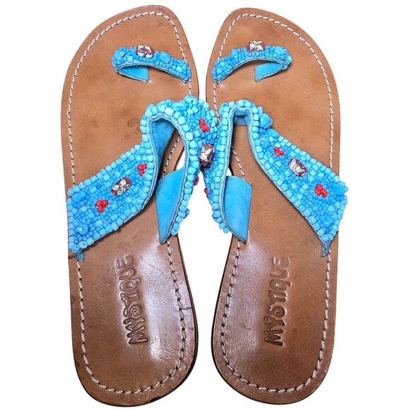 Excellent Condition Mystique Turquoise Beaded Leather Sandals Suede Lining Sz 7 - Picture 5 of 9
